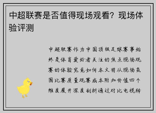 中超联赛是否值得现场观看？现场体验评测