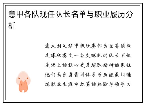 意甲各队现任队长名单与职业履历分析